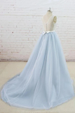 Promfast Light Blue Tulle Sheer Back A Line Round Neck Formal Prom Dress HZ0527