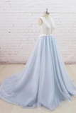 Promfast Light Blue Tulle Sheer Back A Line Round Neck Formal Prom Dress HZ0527