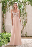 Rose Gold A Line Spaghetti Straps Prom Gown Backless Sequins Chiffon Bridesmaid Dress HZ0527