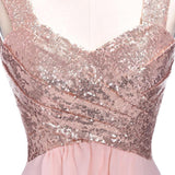 Rose Gold A Line Spaghetti Straps Prom Gown Backless Sequins Chiffon Bridesmaid Dress HZ0527