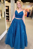 Promfast Royal Blue Sparkle Tulle Straps Appliques Two Piece Prom/Formal Dress HZ0527