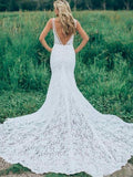 Mermaid V Neck Backless White Lace Long Wedding Dresses,Beach Boho Wedding Dresses HZ0527