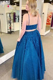 Promfast Royal Blue Sparkle Tulle Straps Appliques Two Piece Prom/Formal Dress HZ0527