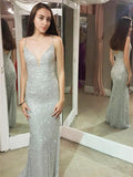 Shiny Mermaid Spaghetti Sheath Silver Long Sexy Prom Dresses HZ0527