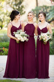 A Line Burgundy Chiffon Straps Long Bridesmaid Dresses HZ0527