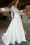 Elegant A-Line V-Neck Long Sleeves Off White Floor Length Prom/Wedding Dress With Lace Top HZ0527