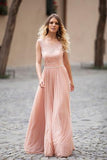 Modest Blush Pink Lace Chiffon Sleeveless Backless A-Line Long Prom Dresses HZ0527