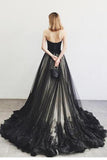Charming A-Line Sweetheart Strapless Black Long Tulle Prom Dress With Lace Beading HZ0527