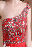 Front Split One Shoulder Red Beaded Open Back Prom Dresses HZ0527