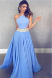 Unique Blue Chiffon Long A Line Beaded Prom Dresses HZ0527