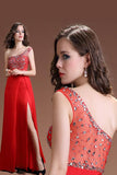 Front Split One Shoulder Red Beaded Open Back Prom Dresses HZ0527