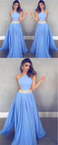Unique Blue Chiffon Long A Line Beaded Prom Dresses HZ0527