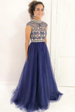 Stylish A Line High Neck Cap Sleeves Beaded Tulle Prom Dress,Formal Evening Dress HZ0527