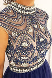 Stylish A Line High Neck Cap Sleeves Beaded Tulle Prom Dress,Formal Evening Dress HZ0527