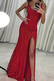 Sexy Mermaid Scoop Sleeveless Floor-Length Red Lace Prom Dress with Sequins Split HZ0527