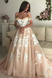 Promfast Charming A-Line Off the Shoulder Tulle Long Prom Dresses with White Appliques HZ0527