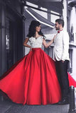White Lace Crop Top Red Satin Two Piece A Line Prom Dresses HZ0527