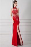 Front Split Sexy Red Beaded Backless Long Prom Dresses HZ0527
