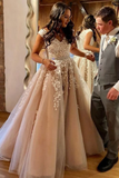 Promfast Charming A-Line V Neck Long Prom Dresses with White Appliques,Formal Party Dresses HZ0527