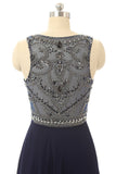 Cheap Prom Dress Navy Blue Beaded Long Graduation Dresses HZ0527