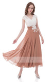 Unique A Line V Neck Chiffon Lace Top Ankle-length Cap Sleeves Prom Dress HZ0527