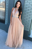 Pink Beaded Bodice High Neck Long Tulle Prom Dresses,A-Line Long Evening Dresses HZ0527