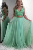 Promfast Gorgeous Two Piece V Neck Mint Tulle Long Prom Dresses with Beading HZ0527