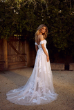 Promfast Modest Tulle Off-the-Shoulder A-Line Rustic Appliques Wedding Dresses HZ0527