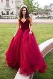 Elegant Strapless A-line Long Burgundy Tulle Prom Dress A Line Evening Dress HZ0527