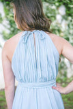 Best A Line Floor-Length Split Blue Chiffon Sleeveless Bridesmaid Dress HZ0527