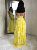 Charming A-Line Spaghetti Straps Floor-Length Yellow Lace Prom Dress HZ0527