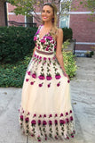 A-Line V-Neck Tulle Prom Dress with Floral Appliques HZ0527