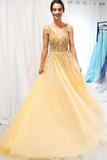 Promfast A Line Floor Length Tulle Prom Dress with Sequins, Cheap V Neck Long Formal Dresses HZ0527