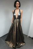 A-Line Halter Backless Long Prom Dress with Pockets HZ0527