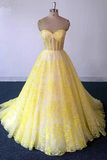 Promfast Yellow Lace Sweetheart Long Graduation Dress, A Line Prom Dress For Teens HZ0527