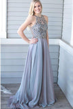 Charming A-Line Crew Sweep Train Grey Chiffon Prom Dress with Beading HZ0527