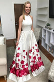 Mermaid Sleeveless Long White Printed Detachable Prom Dress HZ0527