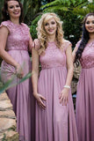 Round Neck A Line Cap Sleeves Chiffon Long Bridesmaid Dress with Lace HZ0527