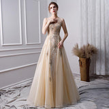 A Line Long Prom Dresses With Beading Formal Evening Gown HZ0527