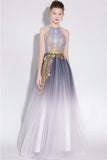 A Line Halter Tulle Long Prom Dresses With Appliques HZ0527