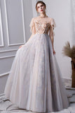 Gray A Line High Neck Short Sleeves Prom Dresses With Beads HZ0527