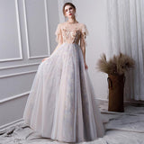 Gray A Line High Neck Short Sleeves Prom Dresses With Beads HZ0527