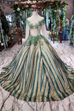 Elegant Scoop Long Sleeves Lace Up Back Sweep Train Prom Dresses HZ0527