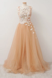 Promfast A-Line Round Neck Tulle Long Prom Dress with Lace Appliques HZ0527