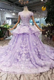 Lilac Short Sleeves Lace Up Back Appliques Tulle Princess Prom Dresses HZ0527