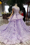 Lilac Short Sleeves Lace Up Back Appliques Tulle Princess Prom Dresses HZ0527