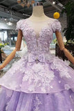 Lilac Short Sleeves Lace Up Back Appliques Tulle Princess Prom Dresses HZ0527
