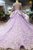 Lilac Short Sleeves Lace Up Back Appliques Tulle Princess Prom Dresses HZ0527