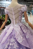 Lilac Short Sleeves Lace Up Back Appliques Tulle Princess Prom Dresses HZ0527