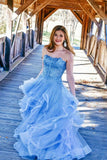 Charming Strapless Blue Ruffles Long Prom Dress with Appliques HZ0527